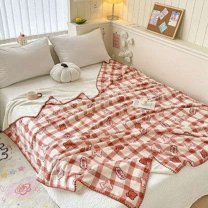 Light blue bear pattern cozy milk velvet blanket bedroom travel shawl