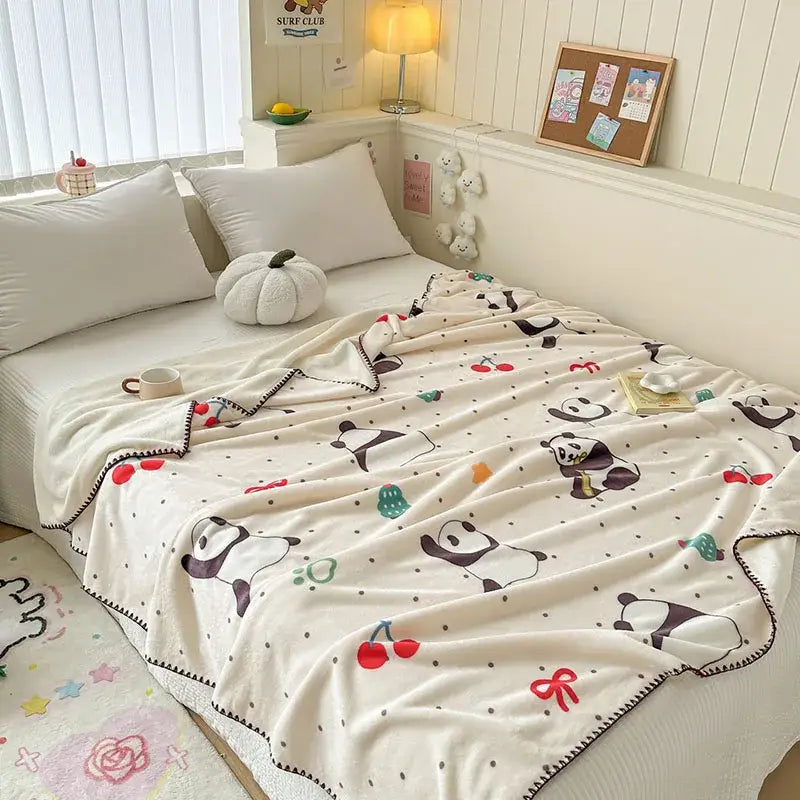 Light blue bear pattern cozy milk velvet blanket bedroom travel shawl