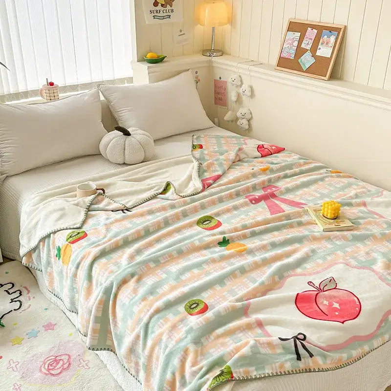 Light blue bear pattern cozy milk velvet blanket bedroom travel shawl