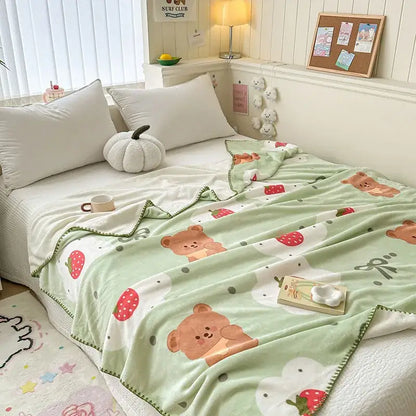 Light blue bear pattern cozy milk velvet blanket bedroom travel shawl