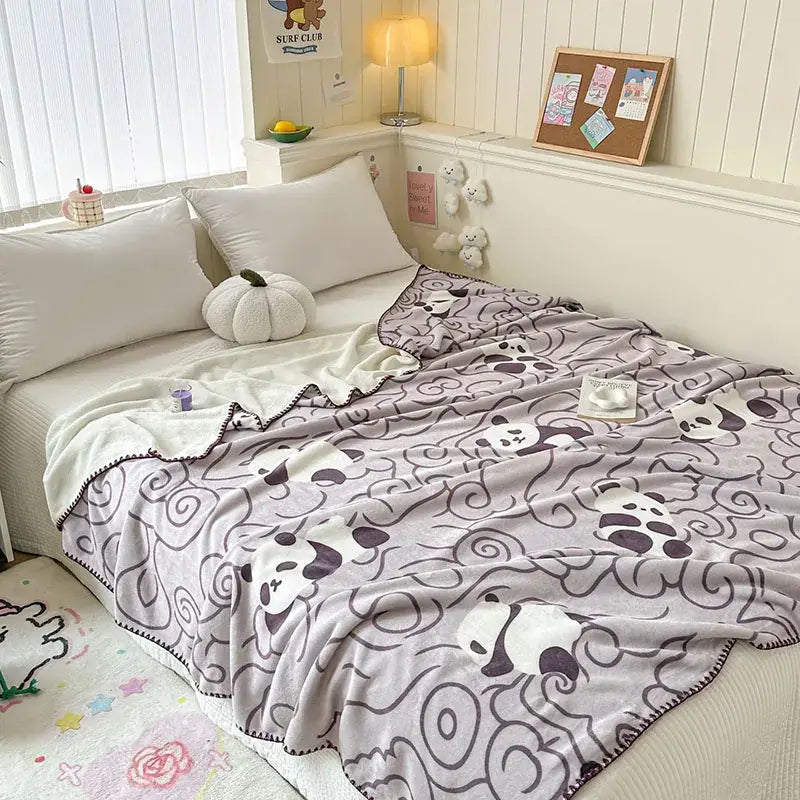 Light blue bear pattern cozy milk velvet blanket bedroom travel shawl