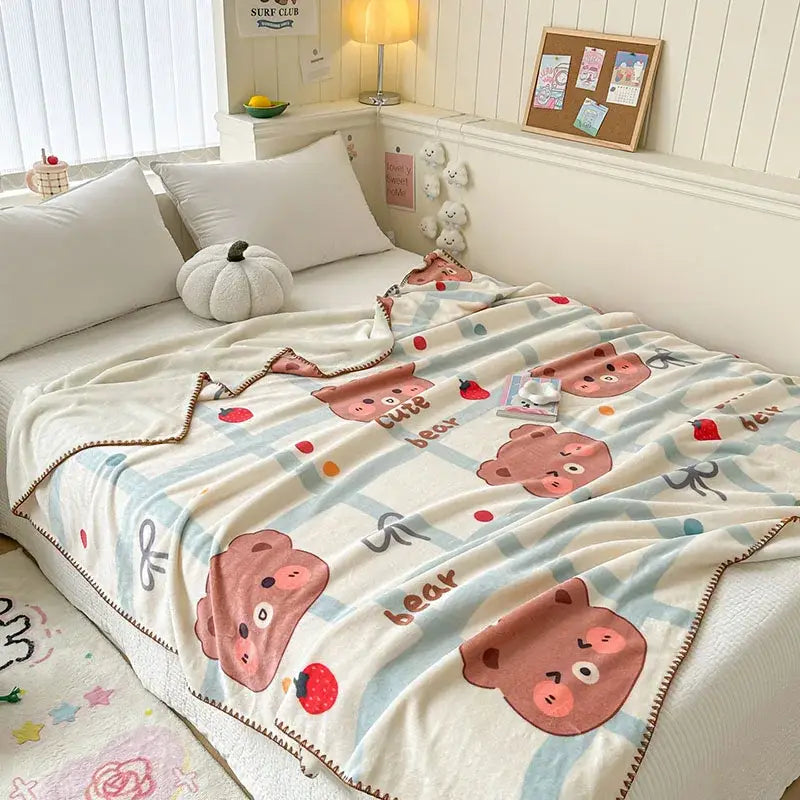 Light blue bear pattern cozy milk velvet blanket bedroom travel shawl