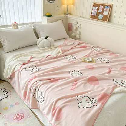 Light blue bear pattern cozy milk velvet blanket bedroom travel shawl