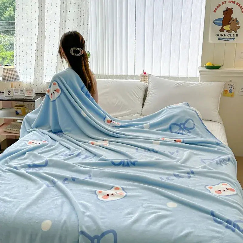 Light blue bear pattern cozy milk velvet blanket bedroom travel shawl