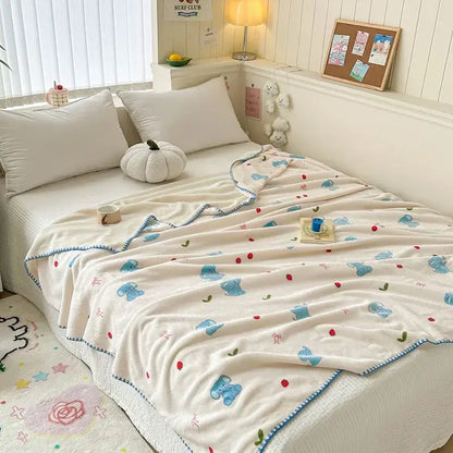 Light blue bear pattern cozy milk velvet blanket bedroom travel shawl