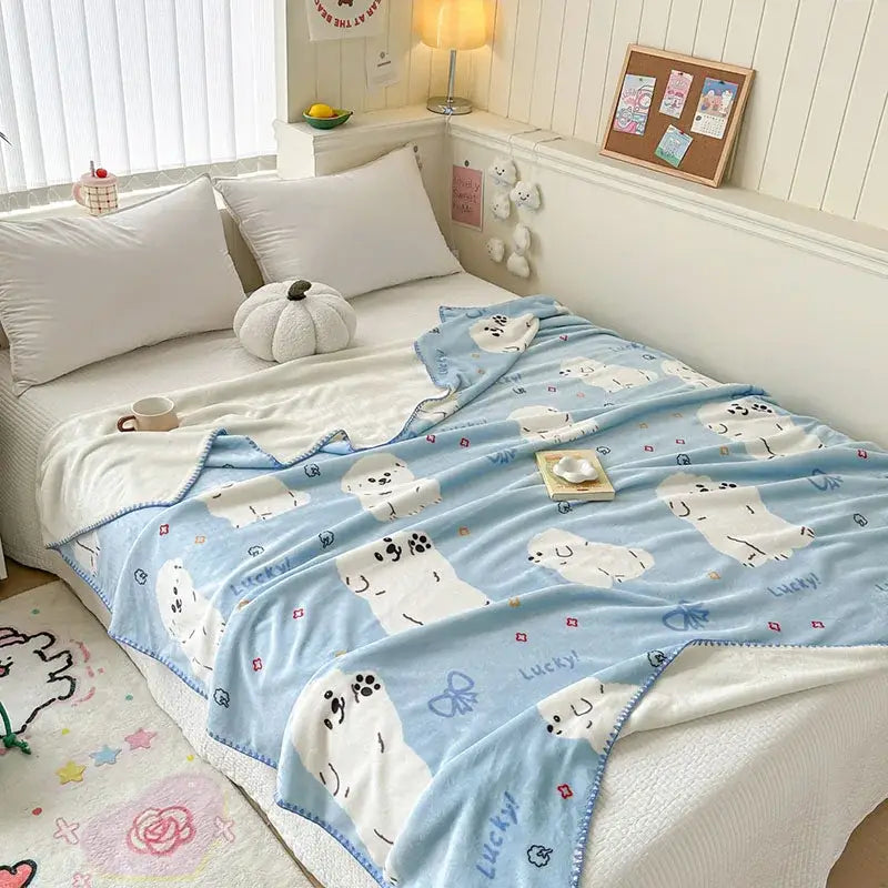 Light blue bear pattern cozy milk velvet blanket bedroom travel shawl
