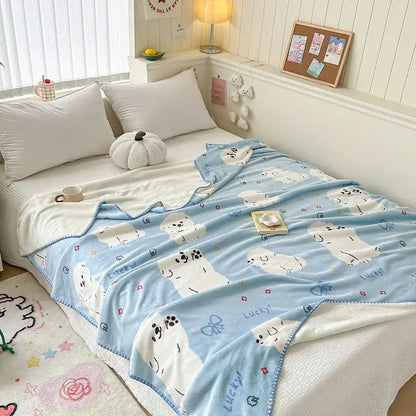Light blue bear pattern cozy milk velvet blanket bedroom travel shawl