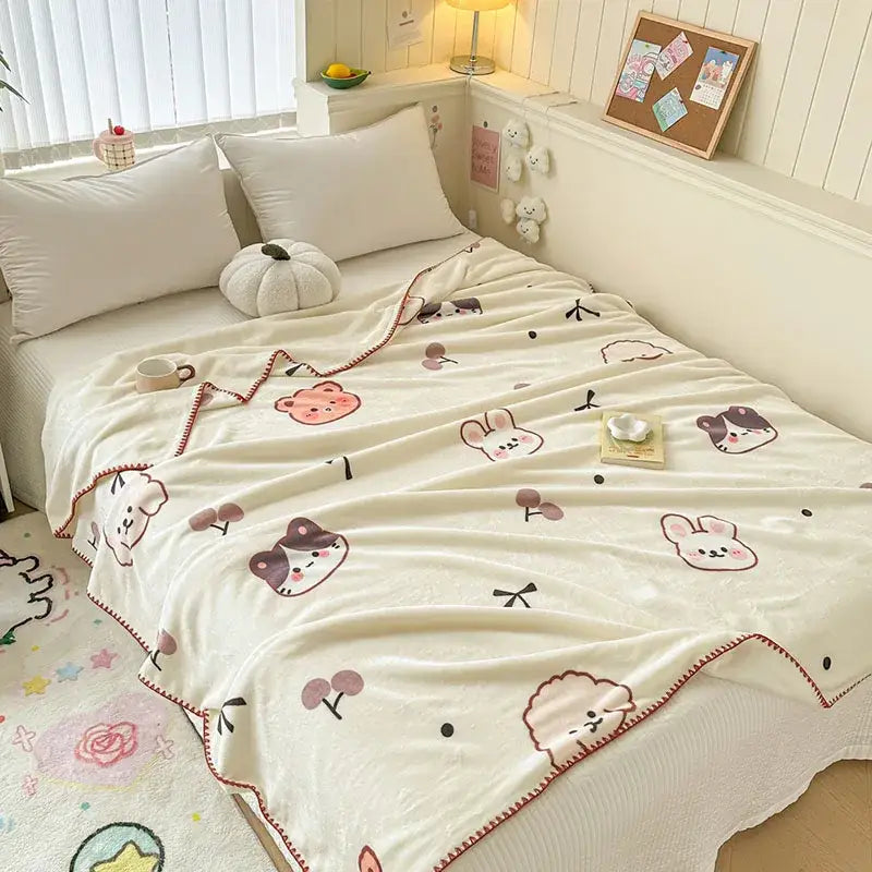 Light blue bear pattern cozy milk velvet blanket bedroom travel shawl