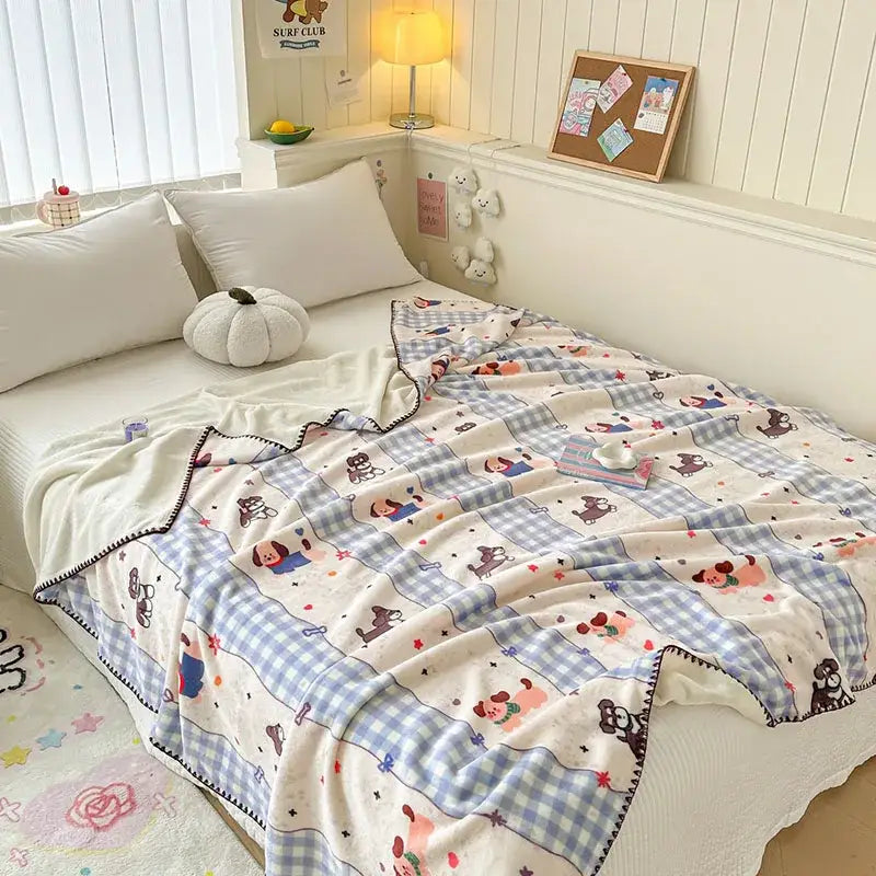 Light blue bear pattern cozy milk velvet blanket bedroom travel shawl