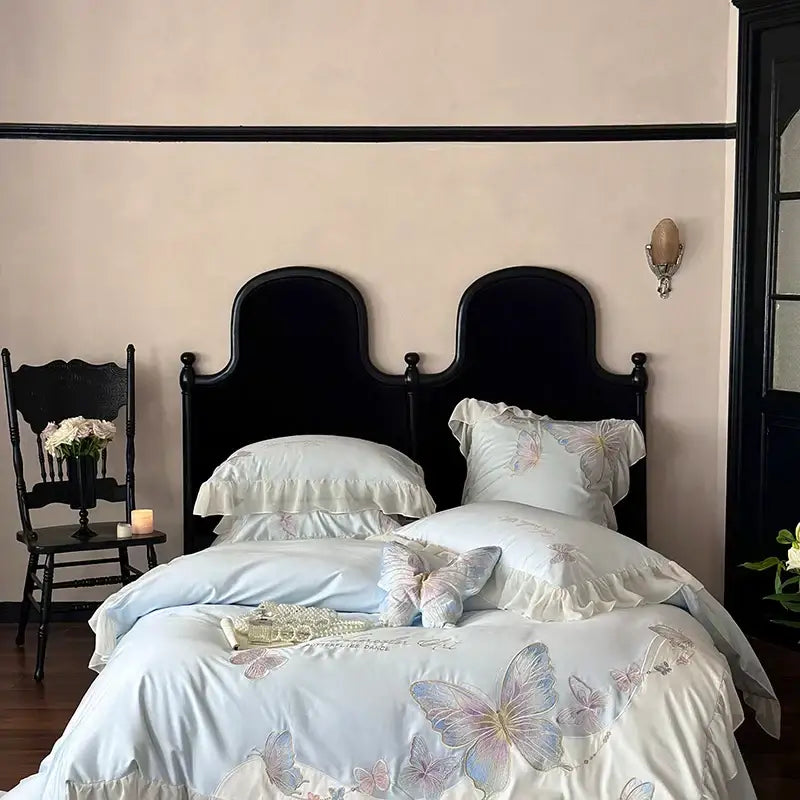 Light blue butterfly embroidery bedding set bedroom french lace