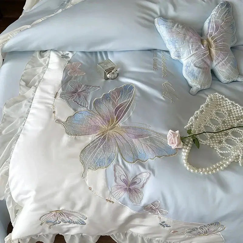 Light blue butterfly embroidery bedding set bedroom french lace