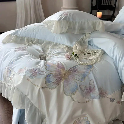 Light blue butterfly embroidery bedding set bedroom french lace