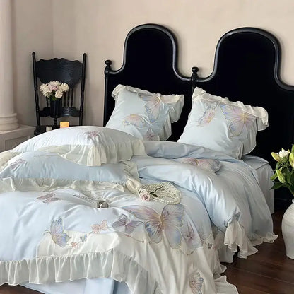 Light blue butterfly embroidery bedding set bedroom french lace