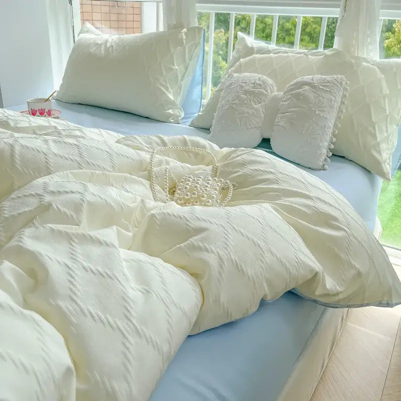 Light blue diamond grid jacquard bedding sets for bedroom comfort