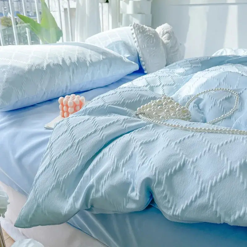 Light blue diamond grid jacquard bedding sets for bedroom comfort