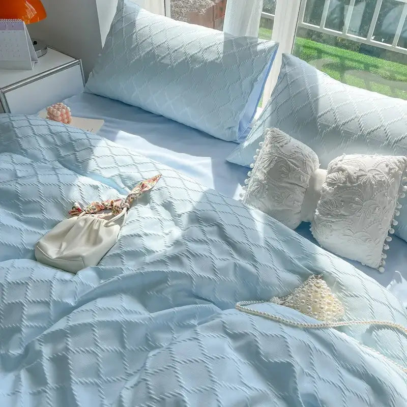 Light blue diamond grid jacquard bedding sets for bedroom comfort