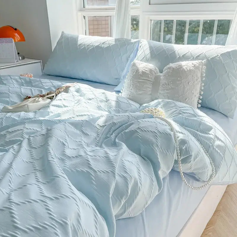 Light blue diamond grid jacquard bedding sets for bedroom comfort