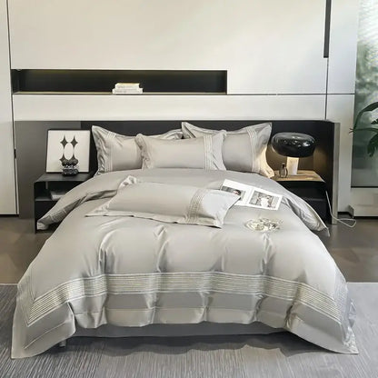 Light blue egyptian cotton embroidery duvet cover bedding set bedroom