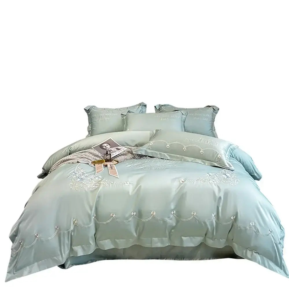 Light blue embroidered egyptian cotton bedding sets bedroom satin luxe
