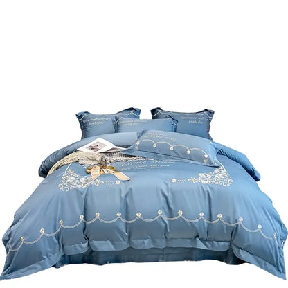 Light blue embroidered egyptian cotton bedding sets bedroom satin luxe