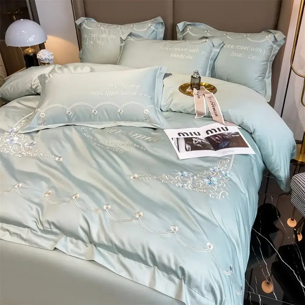 Light blue embroidered egyptian cotton bedding sets bedroom satin luxe
