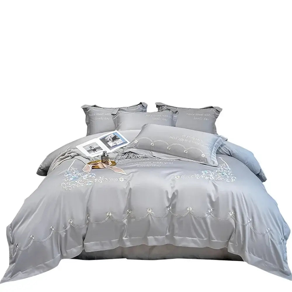 Light blue embroidered egyptian cotton bedding sets bedroom satin luxe