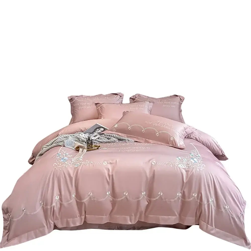 Light blue embroidered egyptian cotton bedding sets bedroom satin luxe