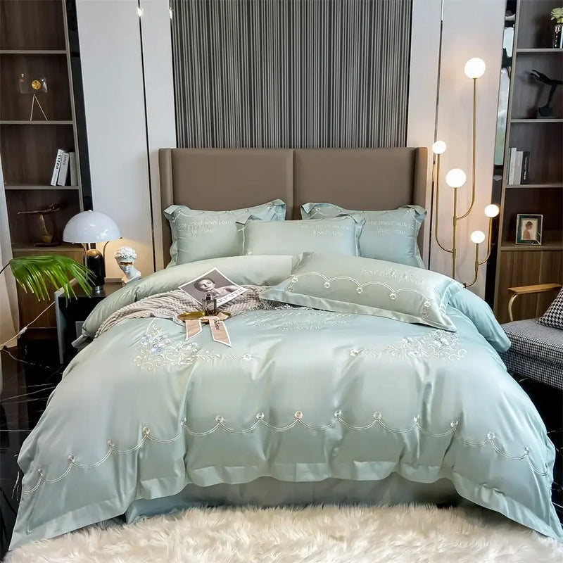 Light blue embroidered egyptian cotton bedding sets bedroom satin luxe