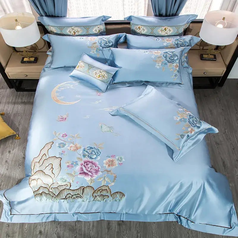Light blue floral and moon 200s cotton embroidery bedding set bedroom