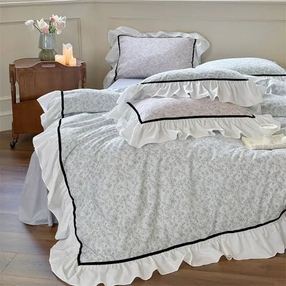 Light blue floral cotton bedding sets bedroom ruffle trim