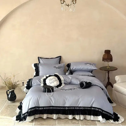Light blue flowers embroidery ruffles bedding set bedroom decor