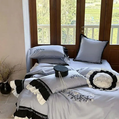 Light blue flowers embroidery ruffles bedding set bedroom decor