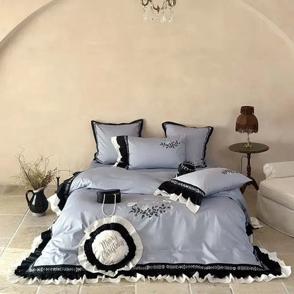Light blue flowers embroidery ruffles bedding set bedroom decor