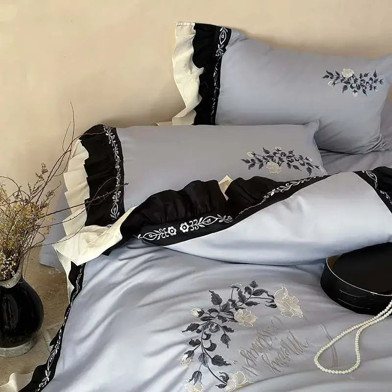 Light blue flowers embroidery ruffles bedding set bedroom decor