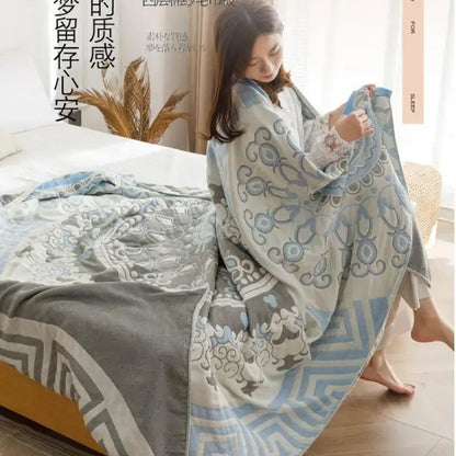 Light blue & gray patterned cotton gauze summer blanket bedroom throw