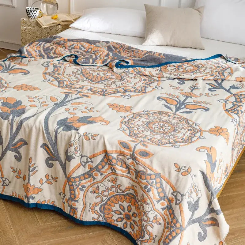 Light blue & gray patterned cotton gauze summer blanket bedroom throw