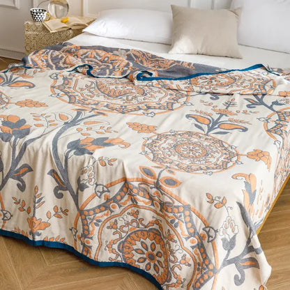 Light blue & gray patterned cotton gauze summer blanket bedroom throw