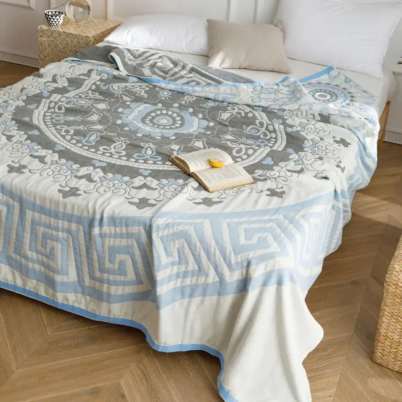 Light blue & gray patterned cotton gauze summer blanket bedroom throw