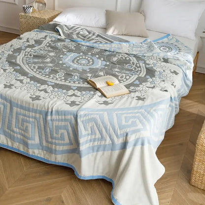 Light blue & gray patterned cotton gauze summer blanket bedroom throw