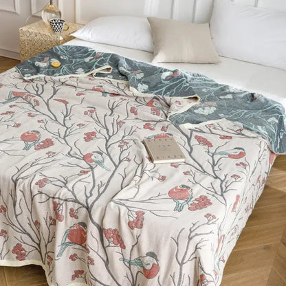 Light blue & gray patterned cotton gauze summer blanket bedroom throw