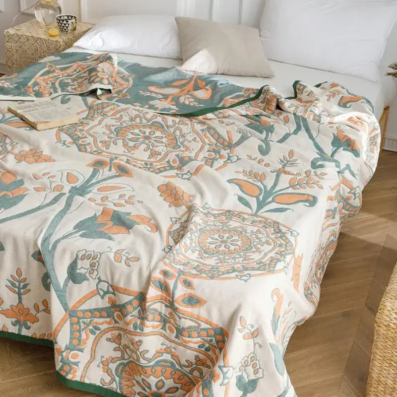 Light blue & gray patterned cotton gauze summer blanket bedroom throw