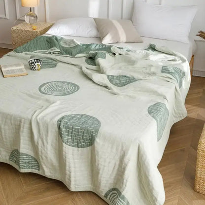 Light blue & gray patterned cotton gauze summer blanket bedroom throw