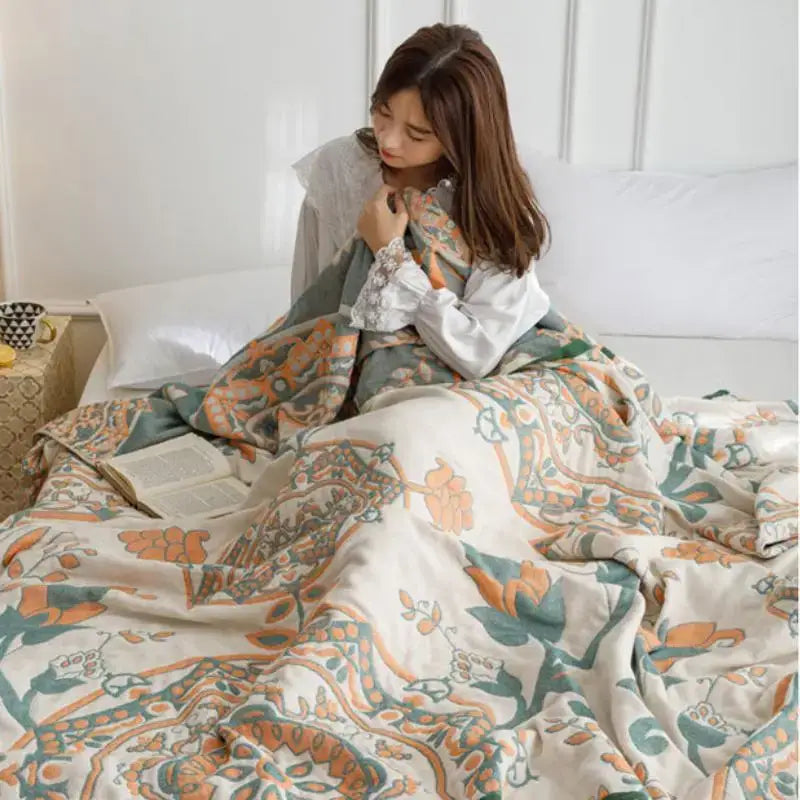 Light blue & gray patterned cotton gauze summer blanket bedroom throw
