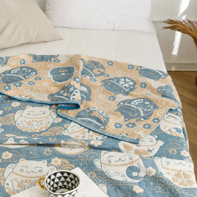Light blue & gray patterned cotton gauze summer blanket bedroom throw