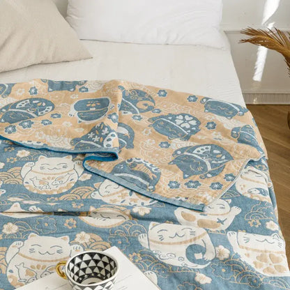 Light blue & gray patterned cotton gauze summer blanket bedroom throw