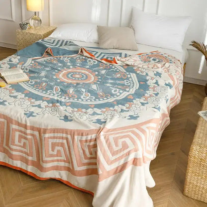 Light blue & gray patterned cotton gauze summer blanket bedroom throw