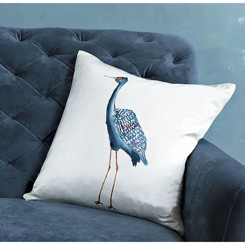 Light blue heron embroidered silk throw pillow cover living room
