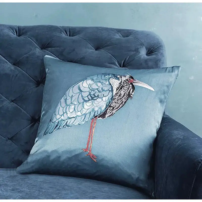 Light blue heron embroidered silk throw pillow cover living room
