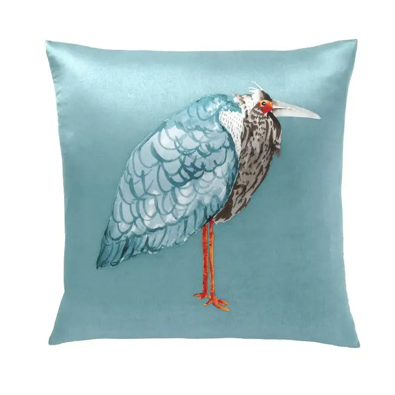 Light blue heron embroidered silk throw pillow cover living room