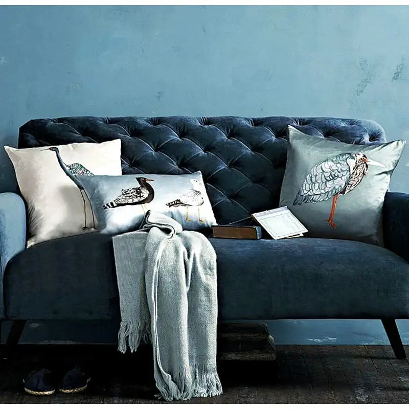 Light blue heron embroidered silk throw pillow cover living room